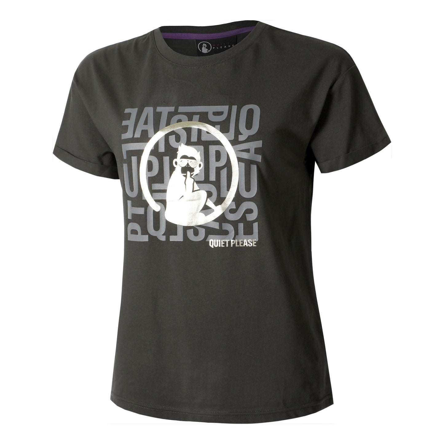 Quiet Please Glitter Word Salad T-Shirt Damen-Anthrazit