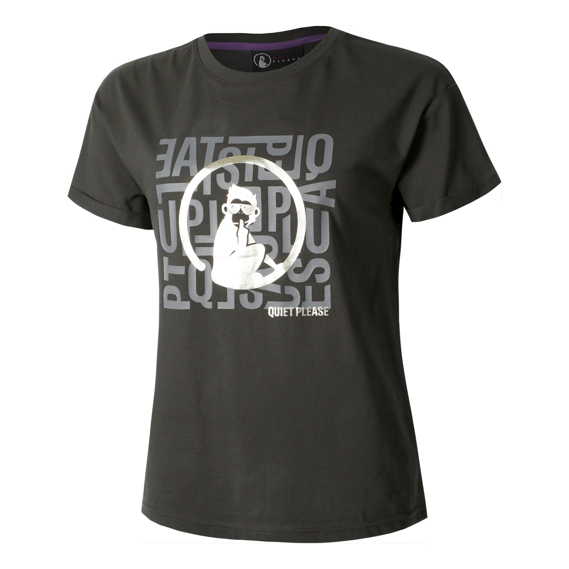 Quiet Please Glitter Word Salad T-Shirt Damen-Anthrazit