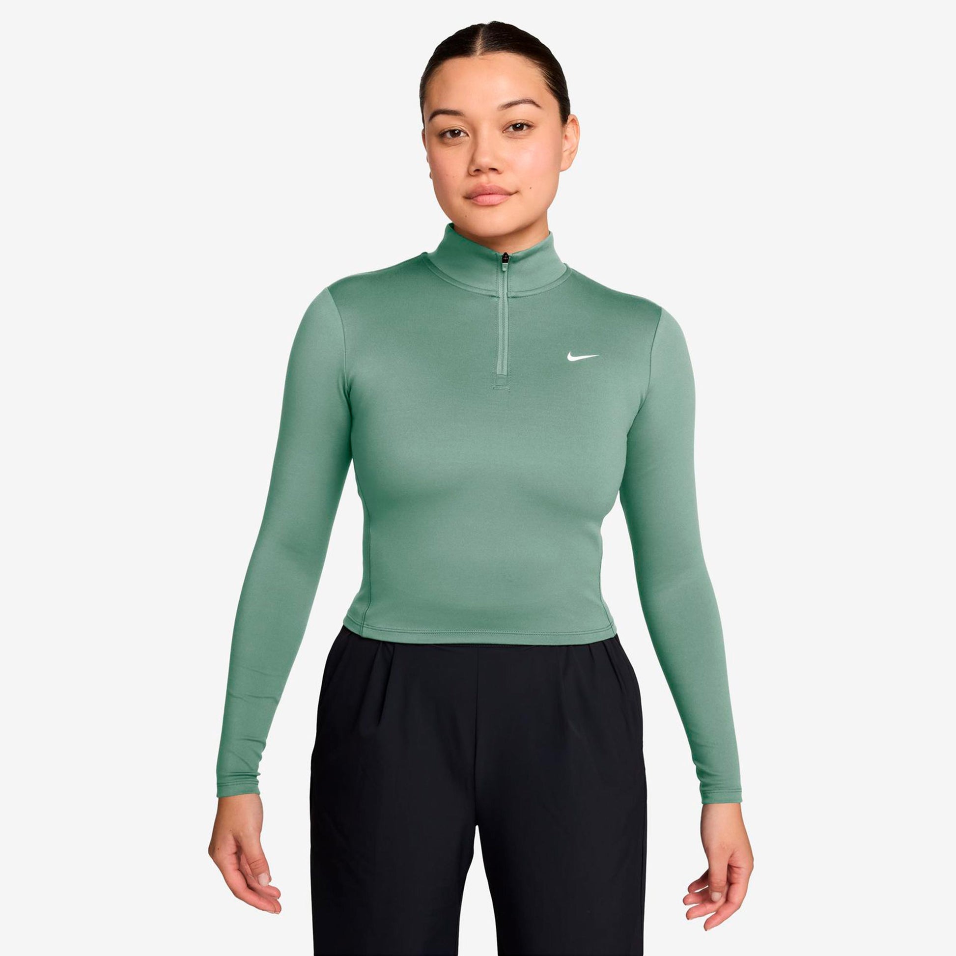Nike One Dri-Fit Quarter Zip Longsleeve Damen - graugrün, weiß