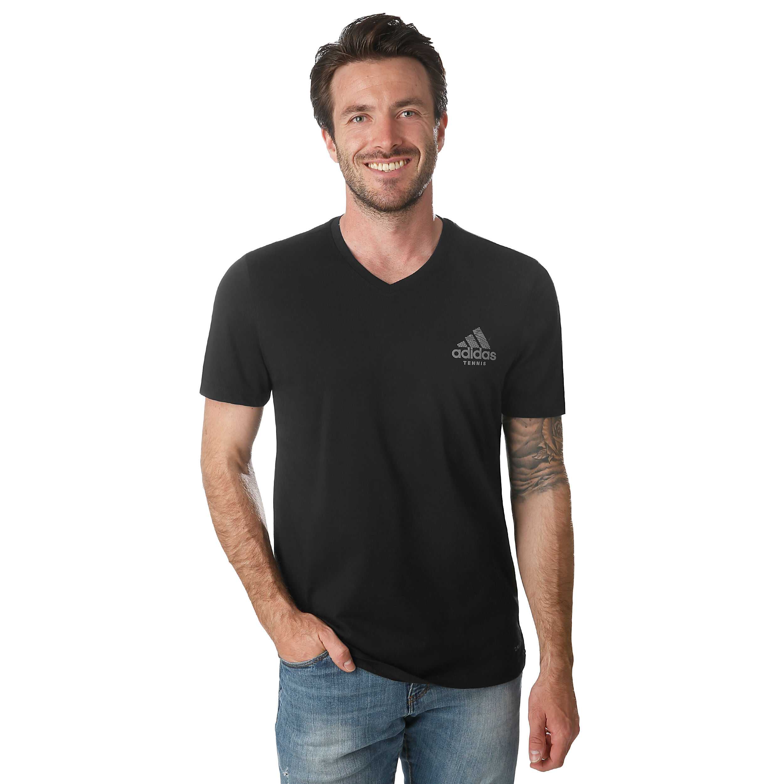 V Neck Graphic T Shirt Herren Schwarz Silber